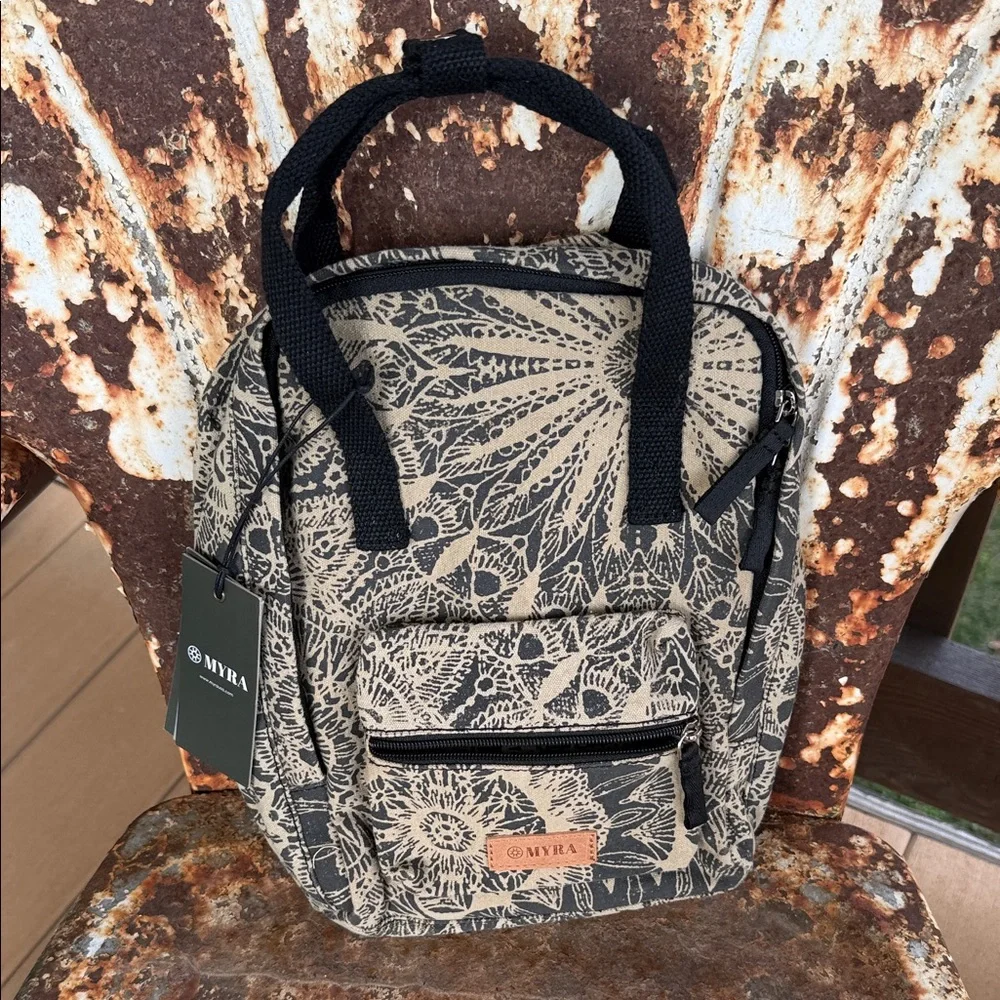 Myra Bag Juniper Bloom (in Desert Aloe) Floral Beige/Black Canvas Backpack Tote